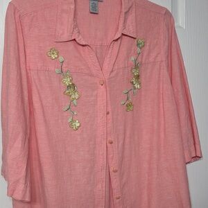 Catherine’s Blush Peach  Linen Floral Embroidered Peasant Blouse Plus Size 18/20